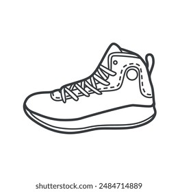 Linear icon of basketball sneakers, featuring a high top for ankle support and good cushioning. Vector illustration in black and white, line art style.