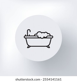Linear icon of a bathtub with foam, in a circle on a light gray background.