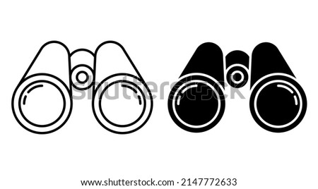 Linear icon, binoculars look ahead. Search for objects in area. Simple black and white vector isolated on white background