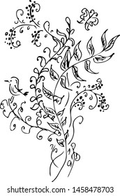 Linear icon with black flowers outline hand on white background. Vector sketch. Logo design. Cute hand drawn illustration. Flower pattern. White background isolated