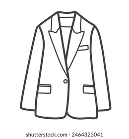 Linear icon of a blazer. Simple black and white vector illustration of women's clothing in a minimalist line style. Perfect for fashion and apparel design projects.