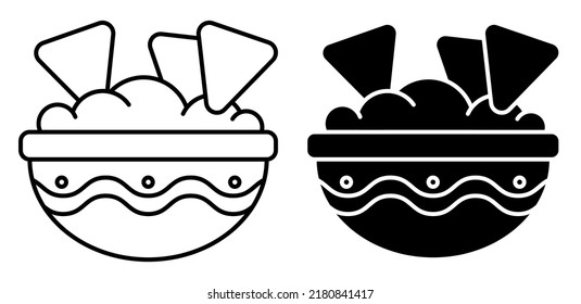 Linear Icon, Bowl Of Spicy Mexican Guacamole Sauce. Spicy Chips, Appetizer For Main Course. Simple Black And White Vector Isolated On White Background