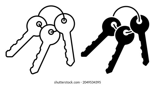Linear icon. Bunch of keys on ring from lock of front door of residential building. Round handle key. Simple black and white vector isolated on white background
