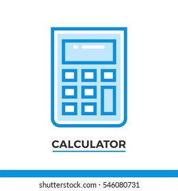 Linear icon of calculator. Pictogram in outline style on white. Vector modern flat design element for mobile application and web design.