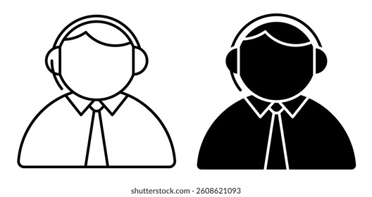 Linear icon. Call center customer service operator with wireless headset on head. Emergency telephone service employee. Simple black and white vector isolated on white background