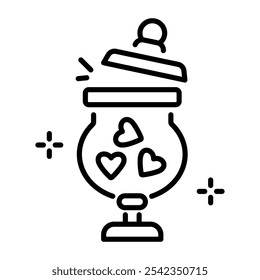 A linear icon of candy jar with heart shape candies