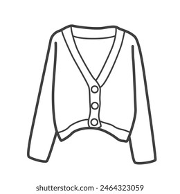 Linear icon of a cardigan. Simple black and white vector illustration of women's clothing in a minimalist line style. Perfect for fashion and apparel design projects.