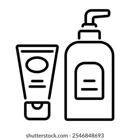 A linear icon of care products, including a tube and a pump bottle