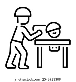A linear icon of a carpenter using a table saw