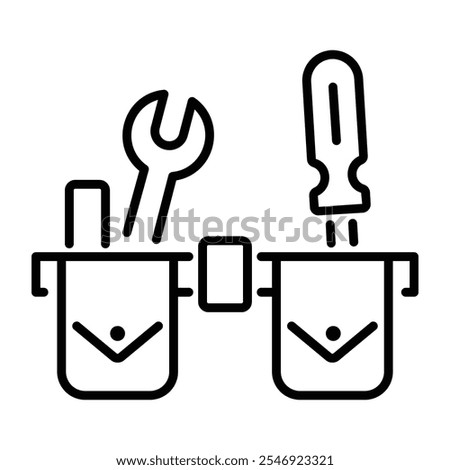 A linear icon of a carpenter's belt with tools