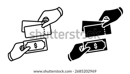 Linear icon. Cashier and a customer exchange money and sold tickets for a circus show. Simple black and white vector isolated on white background
