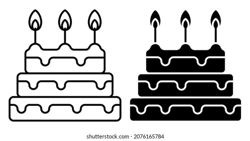 Linear icon. Celebratory tiered cake with burning candles. Dessert for birthday celebration. Simple black and white vector isolated on white background