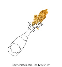 Linear icon of a champagne bottle. Splashes explosion of sparkling wine. Gold glitter. Doodle alcoholic beverage sign. For Happy Birthday, Christmas and New Year greetings.