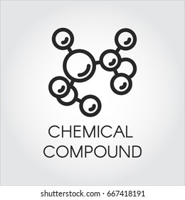 Icono lineal de compuestos químicos. Abstractas etiqueta de contorno de enlaces moleculares sobre un fondo gris. Logo para proyectos científicos, de investigación, educativos y otros. Ilustración vectorial