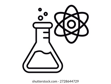Linear icon of a chemical laboratory flask and atom symbol for science
