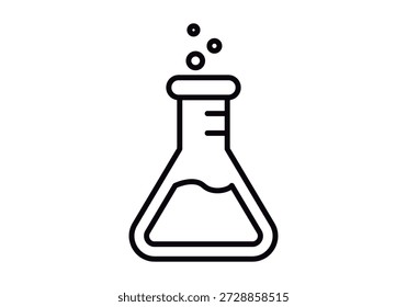 Icono lineal de un frasco de laboratorio químico con burbujas de reacción