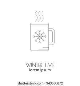 Linear icon for Christmas holidays and winter isolated on white background. Big cup with snowflake.