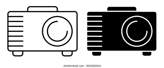 Linear icon. Cinema projector for projecting film and images onto wide screen. Equipment for home multimedia cinema. Simple black and white vector