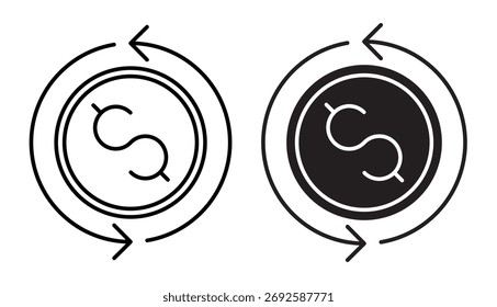 Linear icon. Circulation and exchange of cash currency in the form of coins. Simple vector isolated on white background