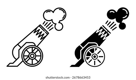 Lineares Symbol. Eine Zirkuskanone feuert einen leeren Raum mit einem lauten Knall und Rauchwolken in der Zirkusarena ab. Einfache schwarz-weiße Vektorgrafik einzeln auf weißem Hintergrund