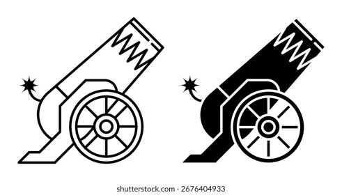 Icono lineal. Cañón de circo sobre ruedas de madera para disparar fuegos artificiales y realizar trucos peligrosos. Vector blanco y negro simple aislado en el fondo blanco