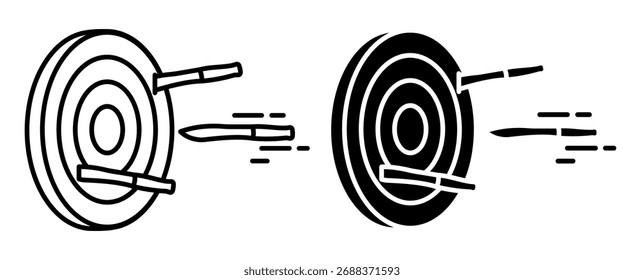 Icono lineal, un artista de circo que lanza cuchillos vuela hacia un objetivo. Vector blanco y negro simple aislado en el fondo blanco