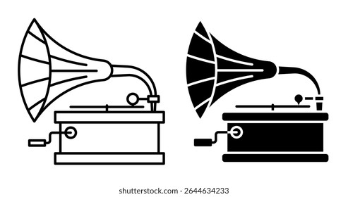 Linear icon. Classic gramophone, old mechanical device for playing sound recordings. Large metal horn and base, rotating platform for vinyl. Simple black and white vector isolated on white background