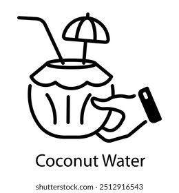 A linear icon of coconut water with a straw in it 