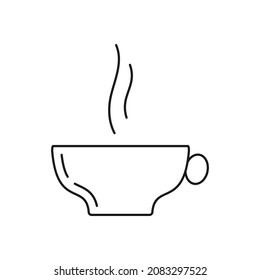 Linear icon coffee cup with steam. Template simple abstract hot drink, mug tea. Modern trendy tea menu logotype. Decorative element for cafe or restaurant. Coseup Isolated on white vector illustration