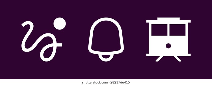 Linear icon collection featuring organic path line representing route navigation bell icon for notification alerts and classic streetcar tram for city public transit isolated on clean dark purple surface.