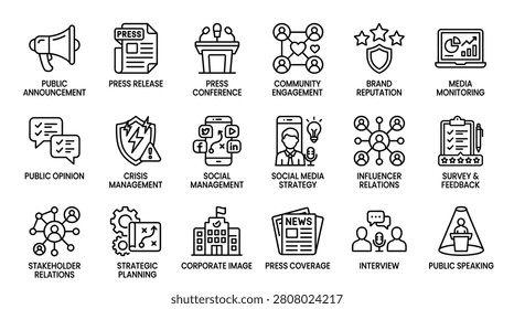 Linear icon collection for public relations. Includes symbols for public announcement, press release, press conference, community engagement, brand reputation, media monitoring, public opinion, crisis management, social management, social media strategy, influencer relations, survey feedback, stakeholder relations, strategic planning, corporate image, press coverage, interview, and public speaking.