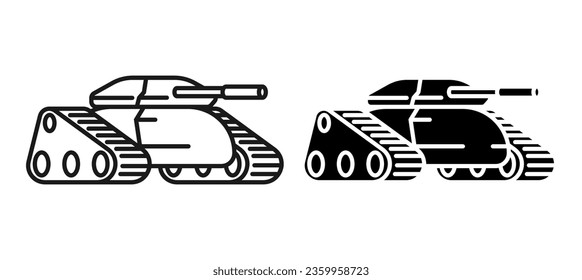 Icono lineal, tanque de pista del ejército de combate con colorantes de camuflaje y barril largo para disparar proyectiles contra el enemigo. Equipo de artillería pesada. Vector simple en blanco y negro aislado en fondo blanco