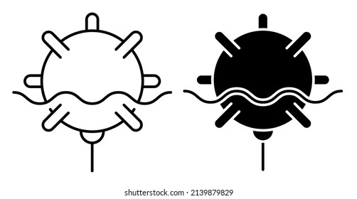 Linear icon, combat naval anti submarine mine. Fight against enemy ships. Simple black and white vector isolated on white background
