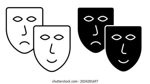 Linear icon. comedy and tragic theatrical masks together. Theatrical premieres, circus poster. Simple black and white vector isolated on white background