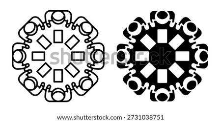 Linear icon. Company managers and employees are sitting at round table at meeting, view from above. Simple black and white vector. NO AI GEN