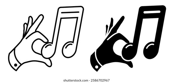 Linear icon. Composer hand puts musical note into place in written symphony. Bringing a piece of music to perfection. Simple black and white vector isolated on white background