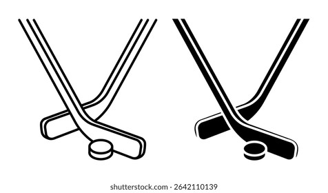 Linear icon. Crossed sports sticks for ice hockey behind black rubber puck. Sport competition. Fighting in ice arena. Simple black and white vector isolated on white background