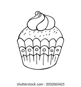 Icono lineal de quequitos con malvavisco, muffin en estilo de dibujar a mano. Ilustración vectorial para su diseño. Dibujo de esquema, libro de coloreado. Firma, icono, pegatina