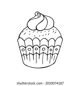 Lineare Ikone des Cupcakes mit Marshmallow, Muffin in Hand zeichnen Stil. Vektorgrafik für Ihr Design. Umrisszeichnung, Farbbuch. Anmelden, Symbol