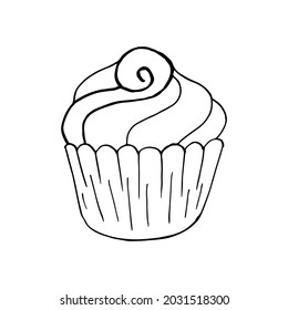 Linear icon of cupcake, muffin in hand draw style. Vector illustration for your design. Outline drawing, coloring