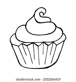 Icono lineal del quequito, muffin en estilo de dibujo a mano. Ilustración vectorial para su diseño. Dibujo de esquema, libro de coloreado. Firmar