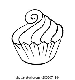 Linear icon of cupcake, muffin in hand draw style. Vector illustration for your design. Outline drawing, coloring book. , sticker