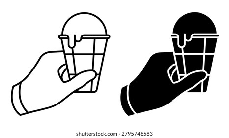 Linear icon. Customer hand holding a soft serve ice cream in a waffle cone. Simple black and white vector symbol isolated on white background. NO AI GEN