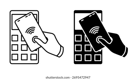 Ícone linear. A mão do cliente paga uma compra com um smartphone através de um terminal bancário. Vetor simples isolado em fundo branco
