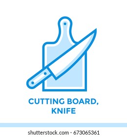 Linear icon CUTTING BOARD, KNIFE of bakery, cooking. Pictogram in outline style. Suitable for mobile apps, websites and presentation