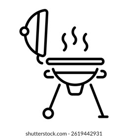 A linear icon depicting a bbq setup with grill