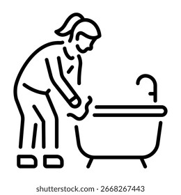 A linear icon depicting a character cleaning bathtub
