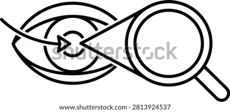 A linear icon depicting an eye with a magnifying glass, representing vision testing, eye health, and professional optometry services.