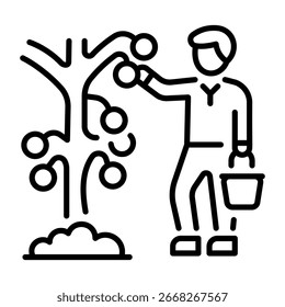 A linear icon depicting a fruit picking character 