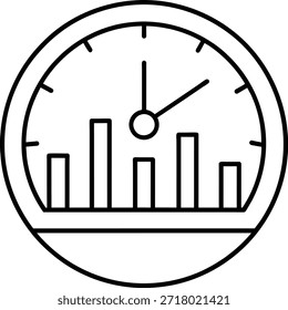 Lineares Symbol, das ein Messgerät mit einer Zifferblatt- und Balkendiagramm darstellt. Stellt Zeitmanagement, Produktivität, Effizienz und Datenanalyse dar. Ideal für Geschäftsberichte, Website-Grafiken, Präsentationen und Marketingmaterialien.